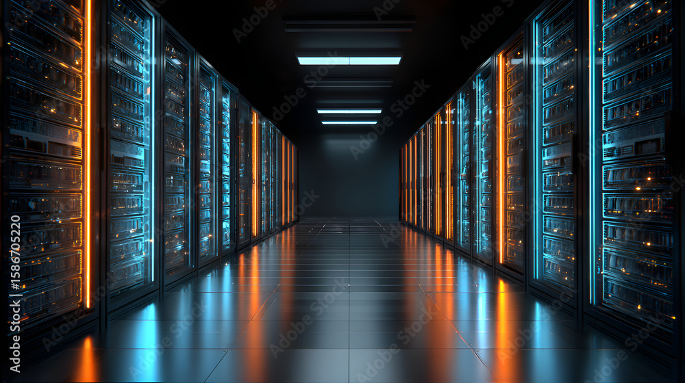 Fototapeta premium Server room with orange and blue lights illuminating corridor
