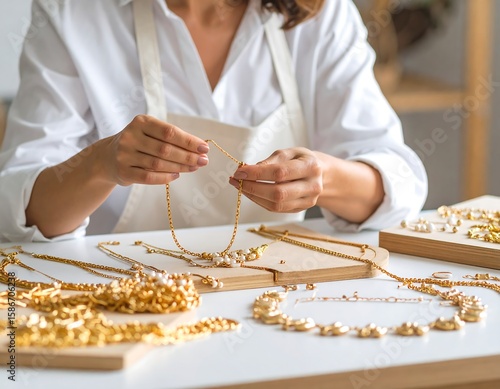 Woman meticulously strings a gold necklace