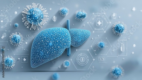 Minimalist vector illustration of liver with hepatitis virus icon surrounded by healthcare icons light blue background clean infographic style flat design white space