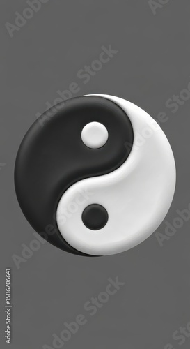 Black and White Plastic 3 D Yin Yang Symbol on Gray Background taijitu balance
