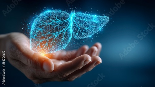 World Hepatitis Day medical concept liver health protection human hands holding glowing liver icon blue background 3D render clean minimal high detail commercial style