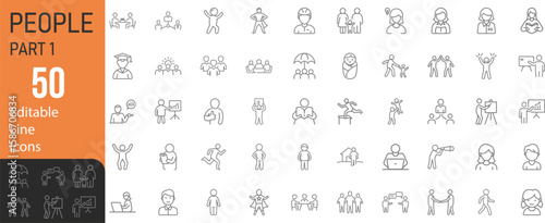 Collection Of Modern Editable Thin Stroke Line Style Basic People Icons Set Related Men, Women, Children, Seniors, Family, Team And More On An Isolated Background