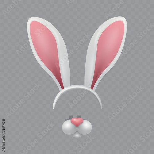 Vector 3d Bunny Ears and Nose. Bunny Ears and Nose for Easter, Costume, Mask, Selfie Filter. Bunny Ears and Nose Clipart for Kids, Party, Cute Animal Design, Holiday, Decoration, Photo Booth, Fun