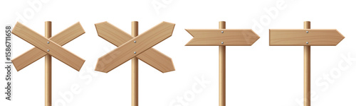Vector Realistic Wooden Blank Sign Post Set, Closeup Isolated. Realistic Road Signboard. Plywood Pointer, Timber, Directional Sign Design Template, Front View. Vector Illustration in 3D Style