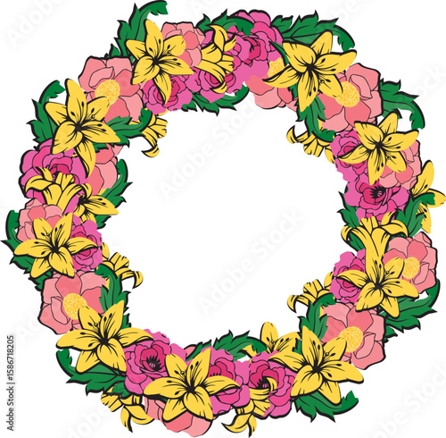 circle of pink and yellow flowers