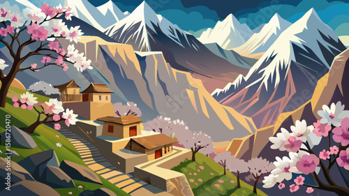 Hunza Valley, Gilgit-Baltistan, Pakistan – Apricot blossoms bloom beneath snow-covered peaks. Stone homes cling to terraced hillsides. The scene radiates serenity and elevation perfect for a balanced 