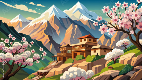 Hunza Valley, Gilgit-Baltistan, Pakistan – Apricot blossoms bloom beneath snow-covered peaks. Stone homes cling to terraced hillsides. The scene radiates serenity and elevation perfect for a balanced 