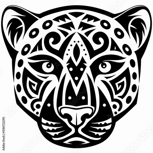 Stylized Jaguar Head Vector Graphic with Aztec-Inspired Geometric Elements