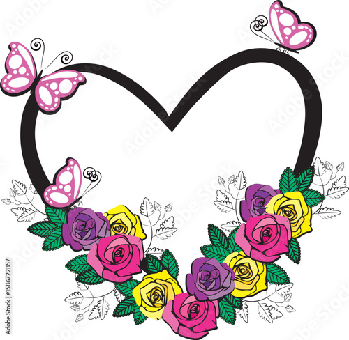 heart with roses and butterflies