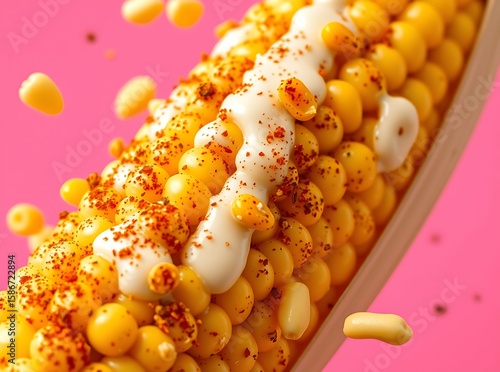 Elote-Style Corn: A vibrant close-up of an elote-style corn on the cob, drizzled with creamy sauce and sprinkled with chili powder, against a bright pink background. The kernels glisten.