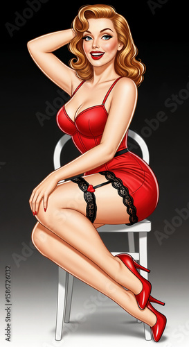 1950s Pin-Up Elegance A Charming Woman In Red Poses Seated With Timeless Style