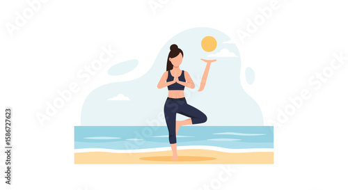 Beach Yoga Serenity Practicing The Tree Pose Near Ocean Tranquility Illustration