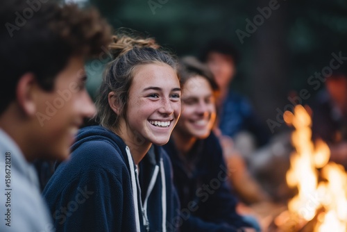 A group of diverse teenagers enjoying a genuine moment of connection and laughter around a campfire, completely disconnected from technology. It captures the essence of friendship and joyful freedom