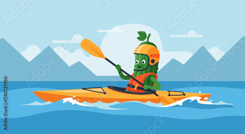 Adventure Awaits Funny Pickle Character Enjoying Kayaking on Serene Lake With Mountain Views