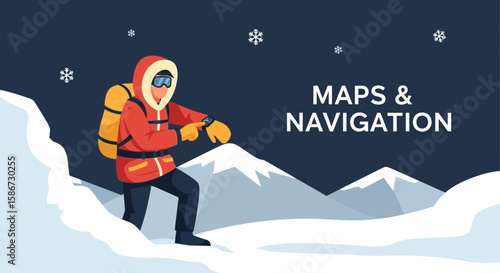 Adventurer Checks Directions Using Smartwatch During Winter Expedition In Snowy Mountain
