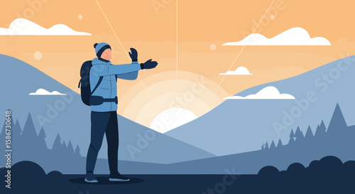 Adventurer Enjoying Majestic Mountain Scenery During Golden Hour Exploration