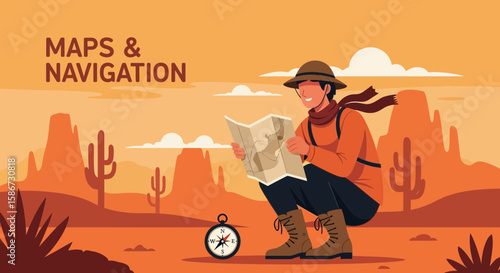 Adventurer Exploring Arid Landscape With Map And Compass In Search For New Destinations