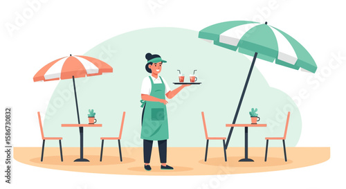 Cheerful Waitress Serving Drinks At Outdoor Cafe Under Bright Parasols