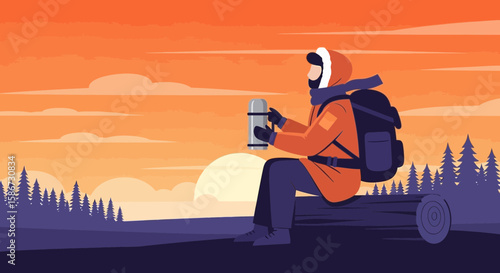 Adventurer Enjoying Warm Drink During Sunset Outdoors Adventure Exploration