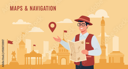 Cheerful Tourist Navigating City Attractions Using Travel Map And Destination Pointer