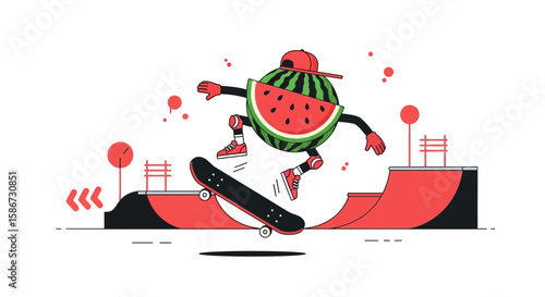Cheerful Watermelon Character Skateboarding Having Fun In The Skate Park Sport Activity