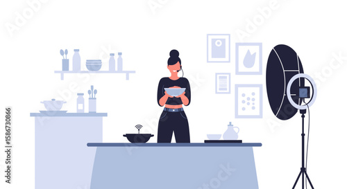 Cheerful Woman Hosts a Live Stream Food Program On Social Media Platform