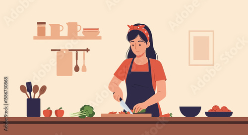 Cheerful Woman Preparing Healthy Meal Chopping Vegetables In The Kitchen At Home