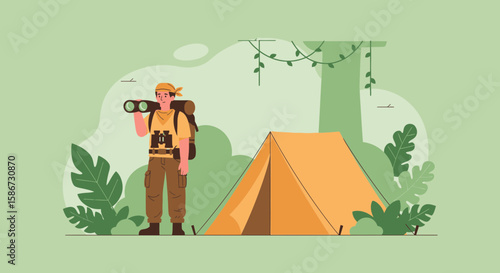 Adventurer Exploring Forest With Binoculars Near Tent Illustration Graphic Resource