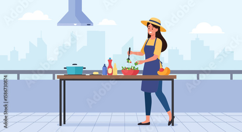 Cheerful Woman Preparing Healthy Meal In Bright Contemporary Kitchen Design