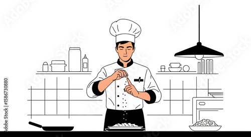 Chef Adding Flavor To Food In Restaurant Kitchen With A Sprinkle Of Seasoning