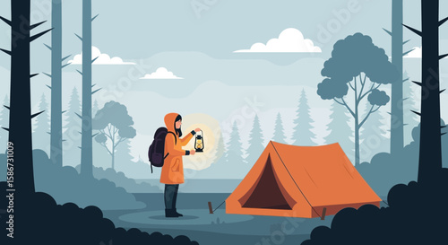 Adventurer Exploring Tranquil Forest Setting With Camping Tent And Vintage Lantern