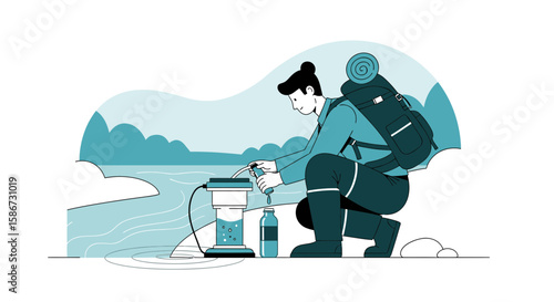 Adventurer Filtering River Water During Wilderness Trek In Minimalist Illustration