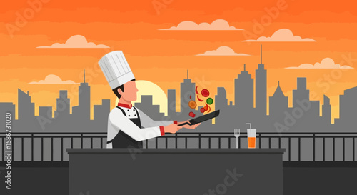 Chef Cooking Culinary Delights On City Rooftop At Dusk Panorama
