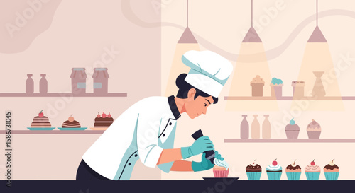 Chef Decorating Cupcakes In Bakery With Shelves And Confectionery Products