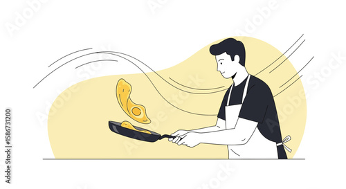 Chef Expertly Flipping Pancakes In A Kitchen Scene For Breakfast