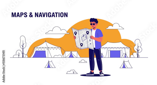 Adventurer Navigating Campsite Using Folded Map Finding His Place Outdoors