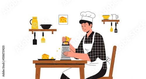 Chef Grating Cheese In The Kitchen Illustrative Scene Ready For Culinary Masterpieces