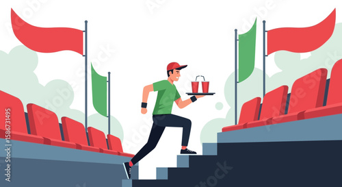 Beverage Vendor Climbing Stadium Stairs At Sporting Event Illustration