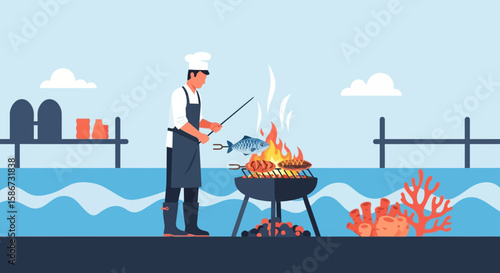 Chef Grilling Seafood On The Beach Preparing Food For An Outdoor Cookout