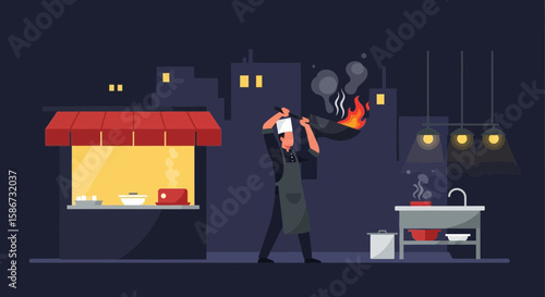 Chef In Kitchen Experiencing Cooking Mishap In Restaurant At Night