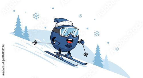 Happy Blueberry Character Skiing Downhill In Winter Forest Cartoon Illustration