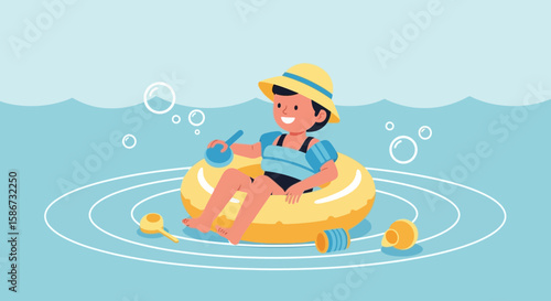 Happy Boy Floating In The Pool With Buoy Enjoying Summer Vacation
