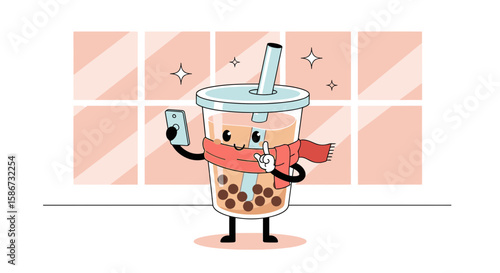 Boba Tea Character Taking Selfie with Mobile Phone against Window Backdrop