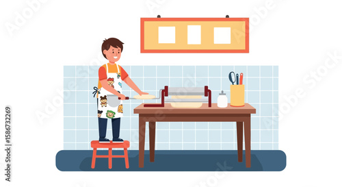 Happy Boy Cooking Pasta with Pasta Machine at Home in Cartoon Style