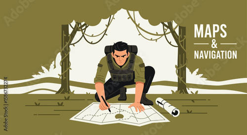Adventurer Planning Route In Forest With Map And Compass For Journey