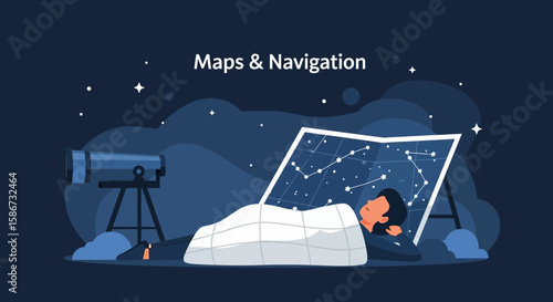 Exploring The Cosmos Dreamy Night With Telescope And Celestial Map
