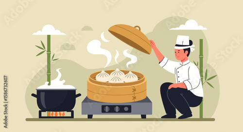 Chef Prepares Steamed Dumplings In Traditional Bamboo Steamer With A Pot On The Fire