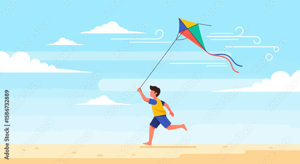 Fototapeta premium Boy Enjoys Flying Kite Outdoors on Beach During Summer Vacation Time