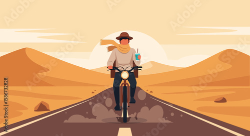 Adventurer Riding Bicycle Through Desert Landscape With Refreshing Beverage