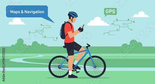 Cyclist Navigating Via Phone While Traveling on a Bike Path outdoors